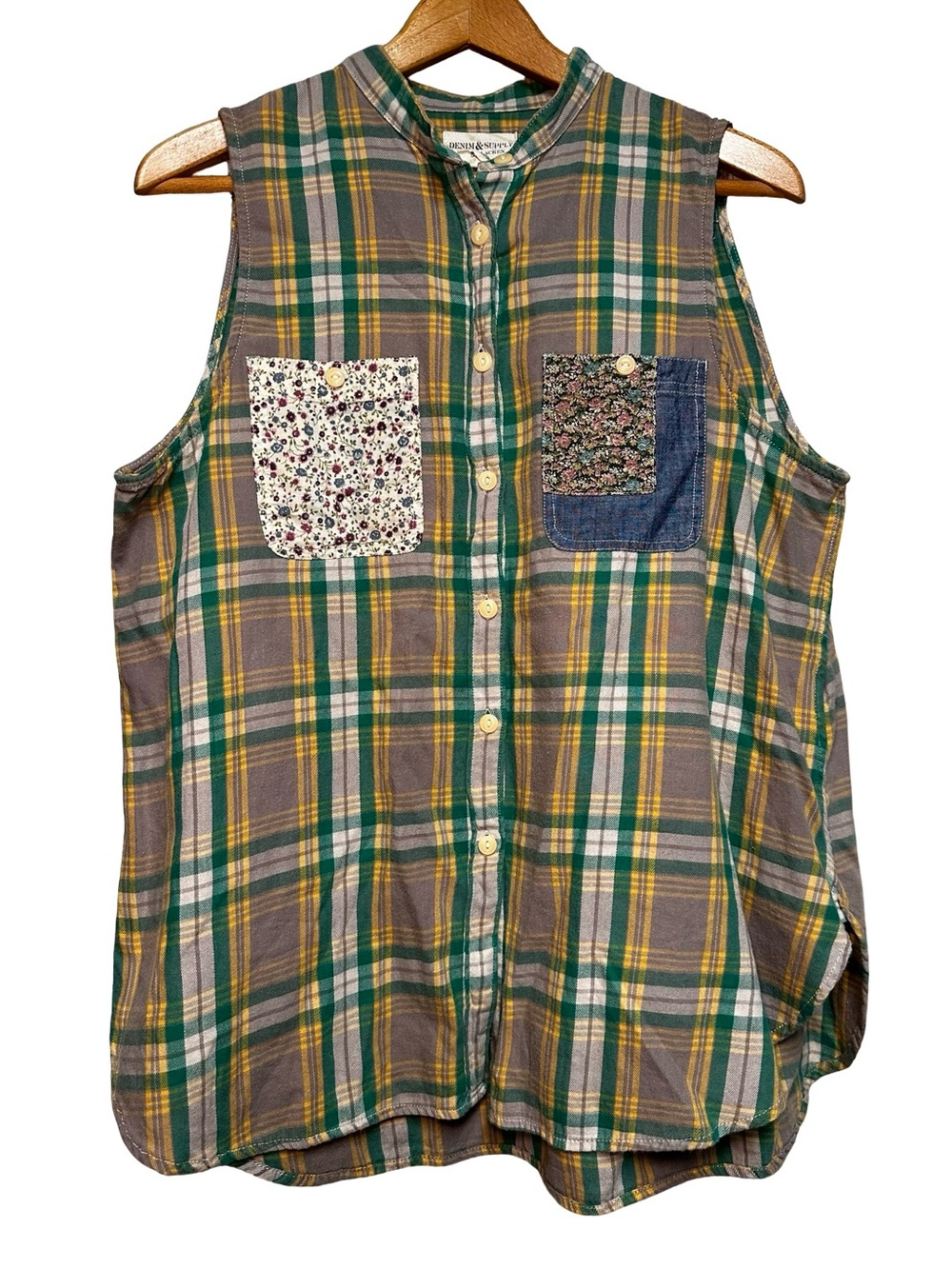 Denim & Supply Ralph Lauren Green Yellow Plaid Button Up Large Patchwork Boho